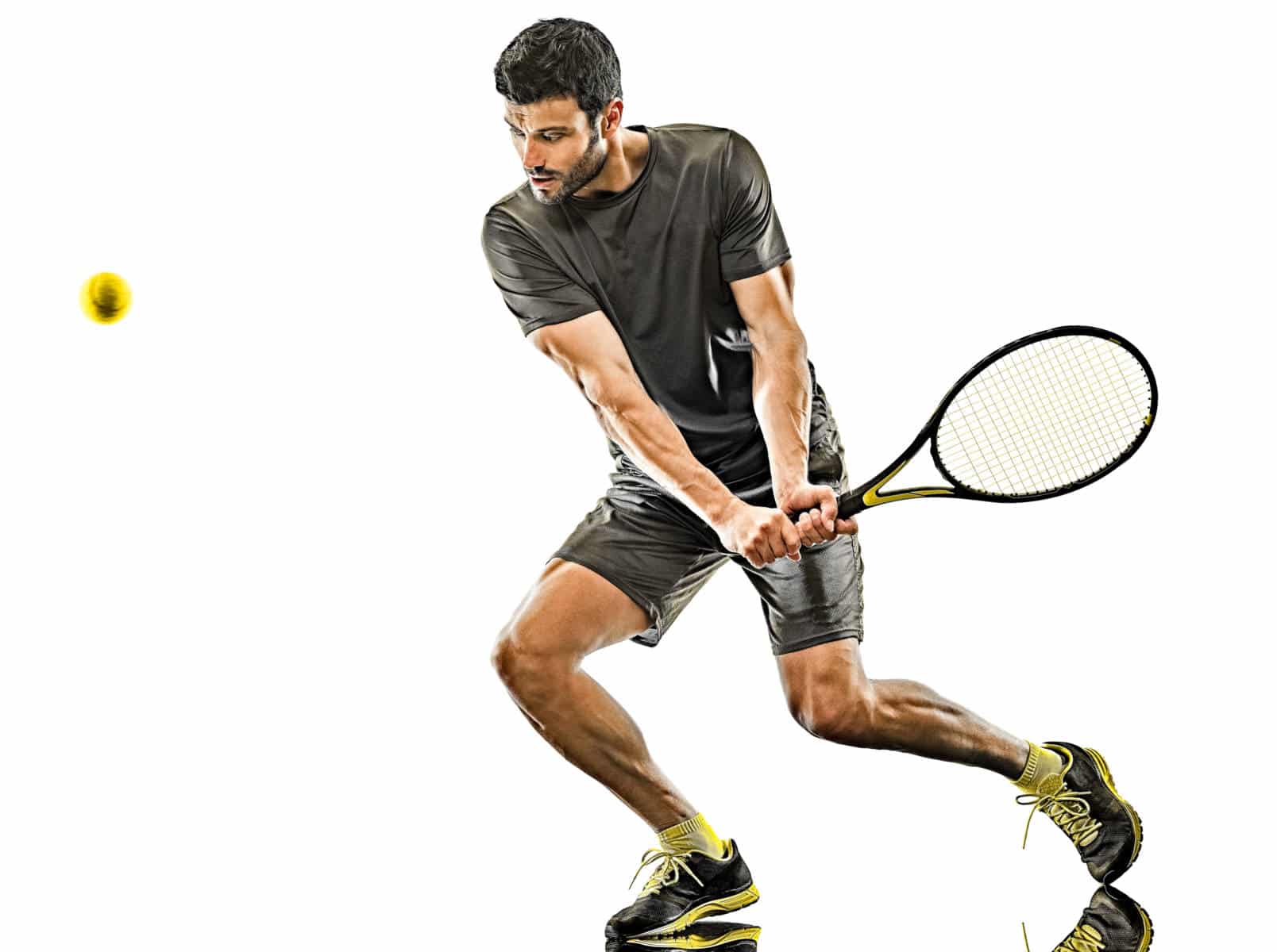 Mann spielt Tennis mit Belastung für Arme und Beine, Muskulatur, Sehnen, Bänder und Gelenke